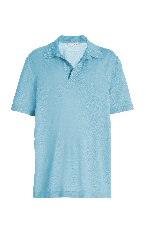 men's athletic tee with reflective stripes for night running Stendhal Knit Short Sleeve Polo in Mineral Blue Cashmere
