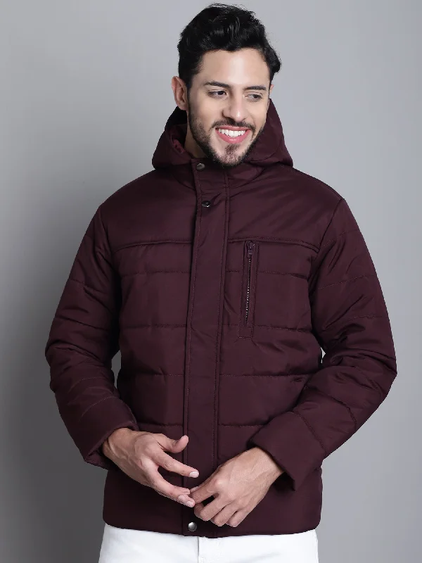 men's winter coat with thermal lining Solid Wine Full Sleeves Hooded Neck Regular Fit Casual Jacket For Men
