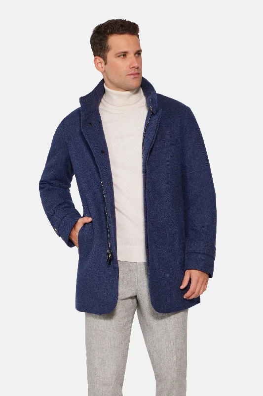 men's denim jacket with embroidery Hooded Cashmere Wool Car Coat, Mid Blue Herringbone