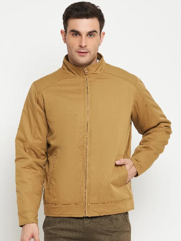 men's insulated parka with pockets and zippers Solid Khaki Full Sleeves Mock Collar Regular Fit Casual Jacket for Men