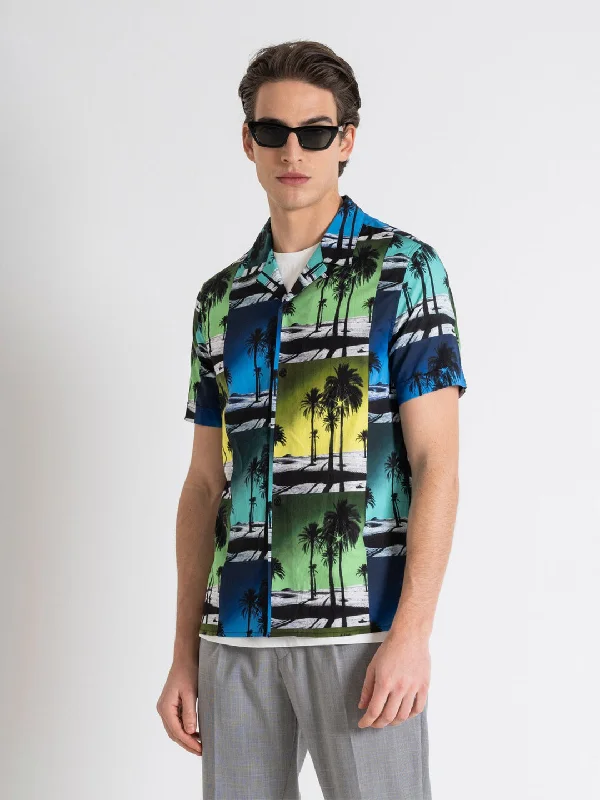 men's crewneck sweater with ribbed hem Antony Morato Men Multi-Color Printed Resort Collar Short Sleeves Shirt