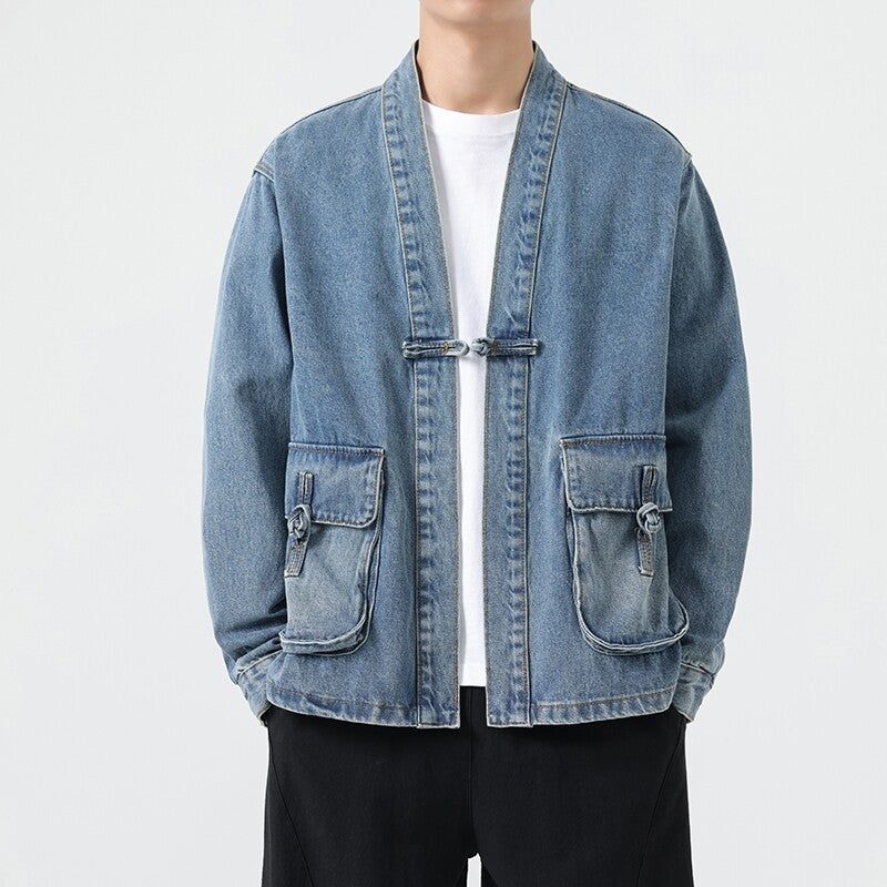 men's denim jacket with leather patches #QT713-F26#日系牛仔開衫外套