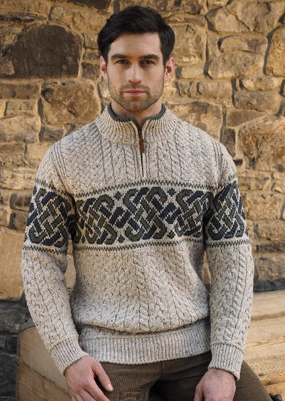 men's lightweight denim shirt with embroidery Aran Crafts Celtic Jacquard Zip Sweater | Oatmeal men's lightweight denim shirt with embroidery Aran Crafts Celtic Jacquard Zip Sweater | Oatmeal