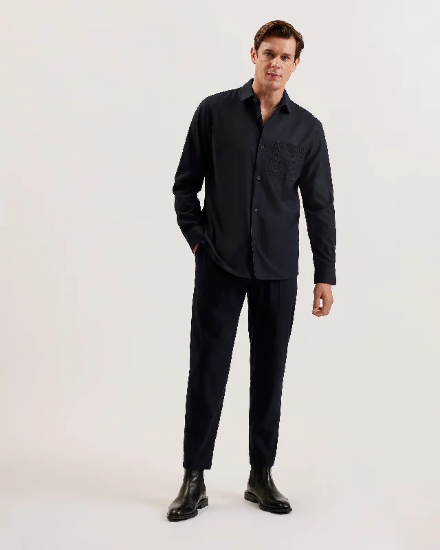 men's henley shirt with contrast stitching and zippered pocket Gaius Long Sleeve Oversized Wool Blend Shirt Navy