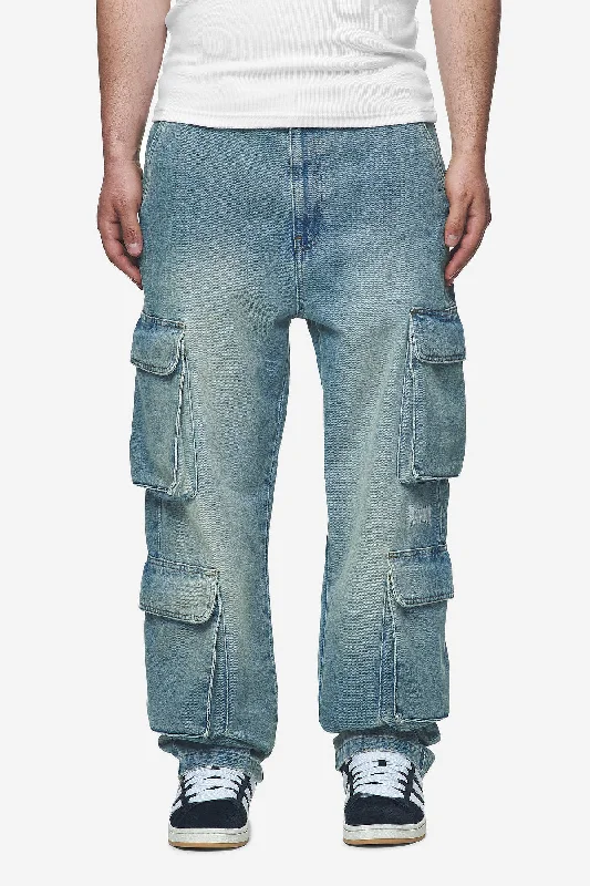 Men's velour track pants Romain Wide Denim Cargo Pants Washed Vintage Blue